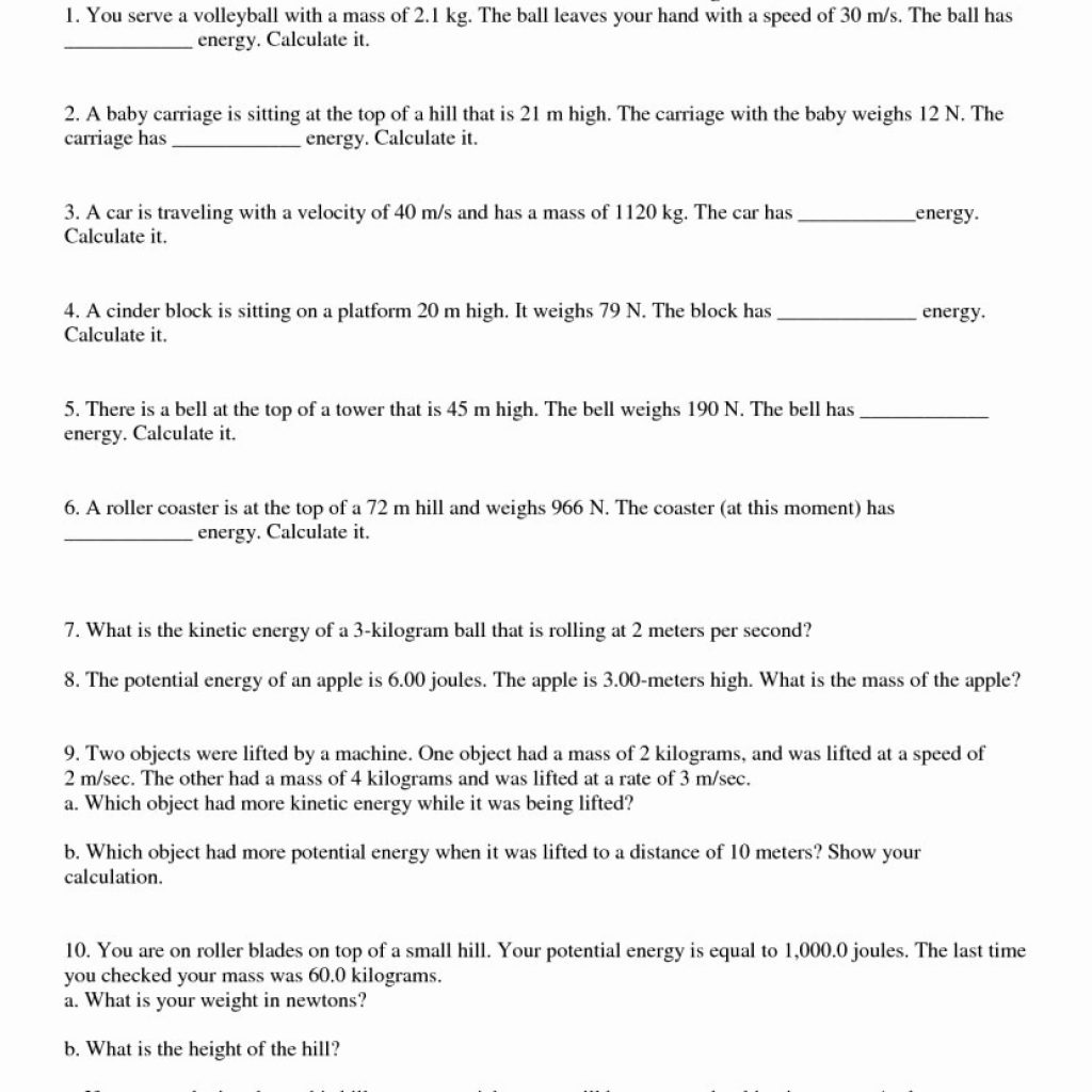 Kinetic And Potential Energy Worksheet â Negima Worksheet